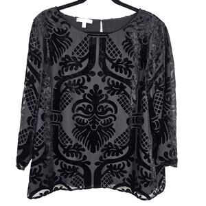 RSVP Talbots Blouse Womens L Black Velvet Burnout Dark Romantic Whimsigoth